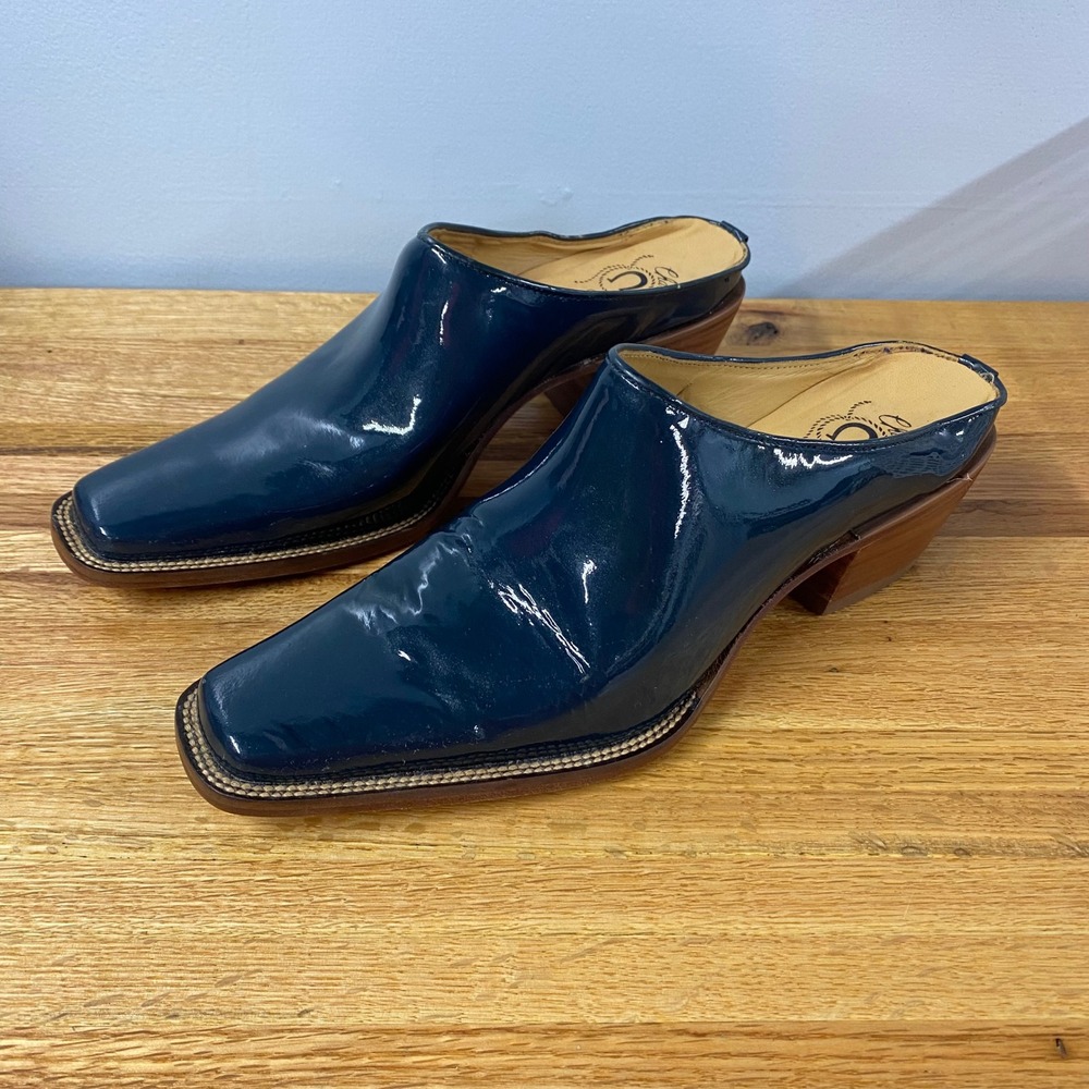 Charlie 1 Horse Teal Blue Patent Leather Square Toe Mules Block Heel 7B 6141